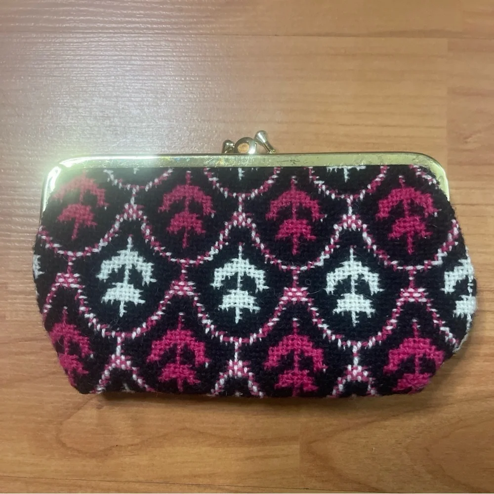 Vintage Wool Tapestry Blk Pink White Tulip Double Sided Small Kiss Lock Clutch